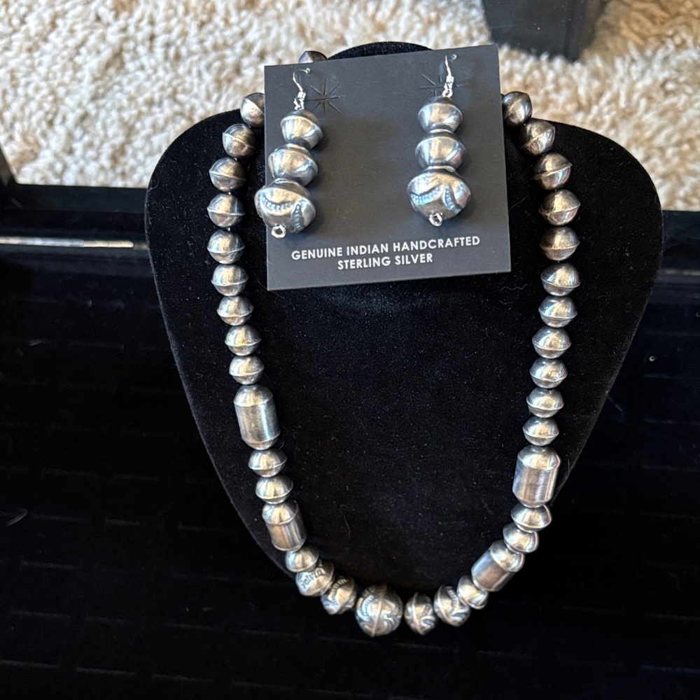 Handcrafted Navajo Sterling Silver Pearl Necklace and Earring Set